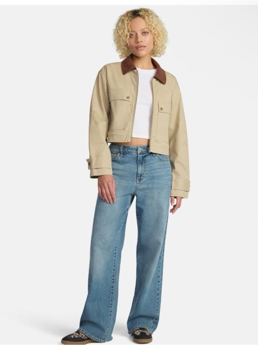 No Boundaries Cropped Canvas Jacket Corduroy Collar. - Picture 2 of 5